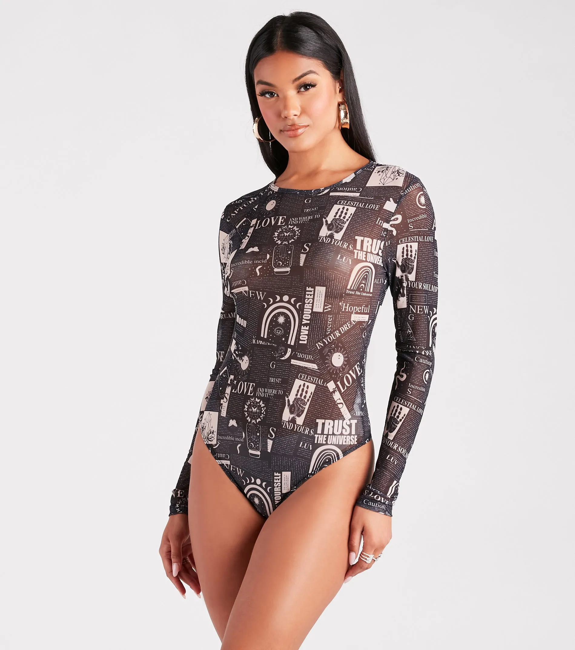 Must Be Fate Mesh Celestial Newsprint Bodysuit sold by Windsor product image thumbnail 5