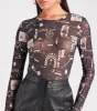 Must Be Fate Mesh Celestial Newsprint Bodysuit sold by Windsor
