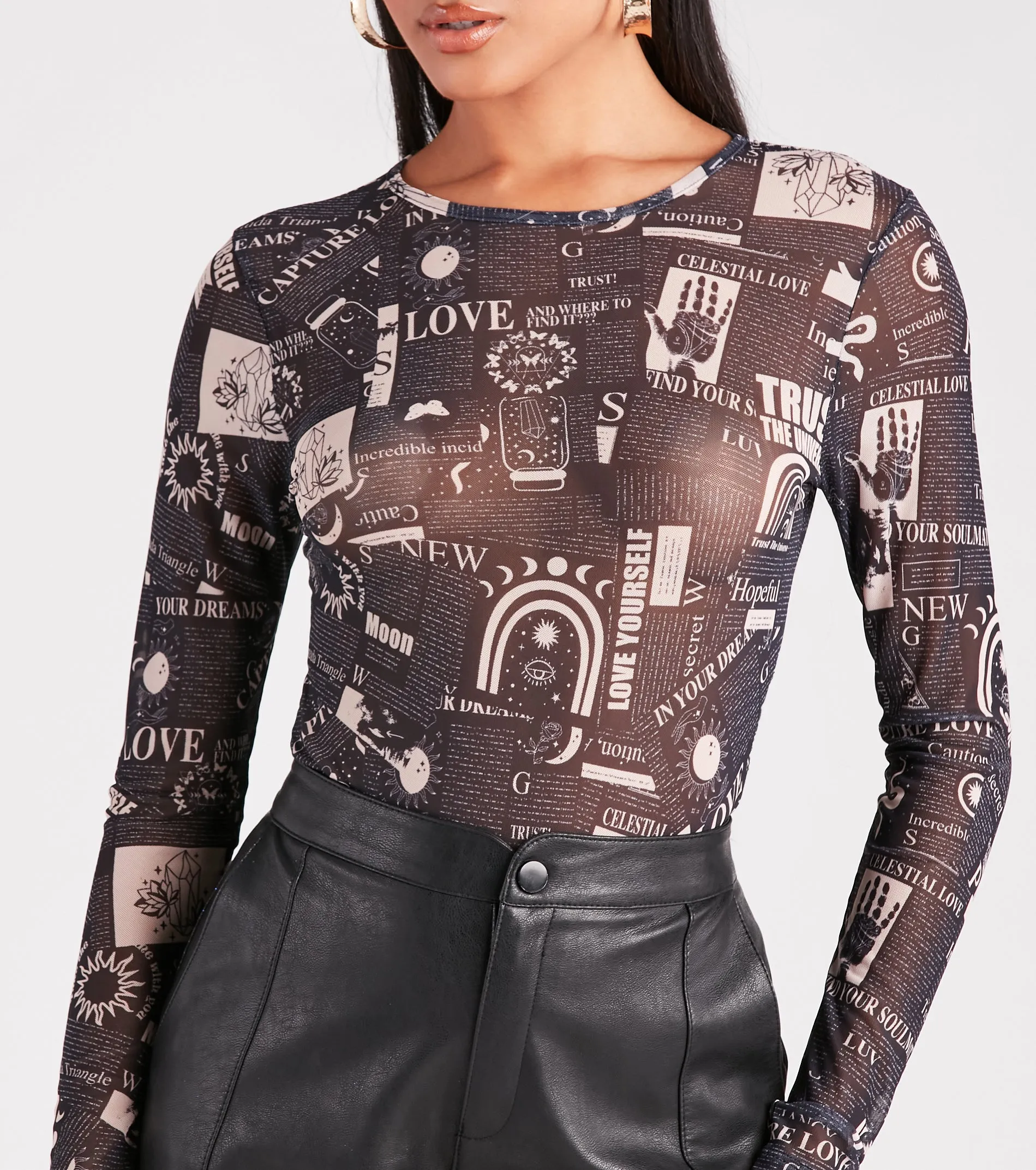 Must Be Fate Mesh Celestial Newsprint Bodysuit sold by Windsor product image thumbnail 4