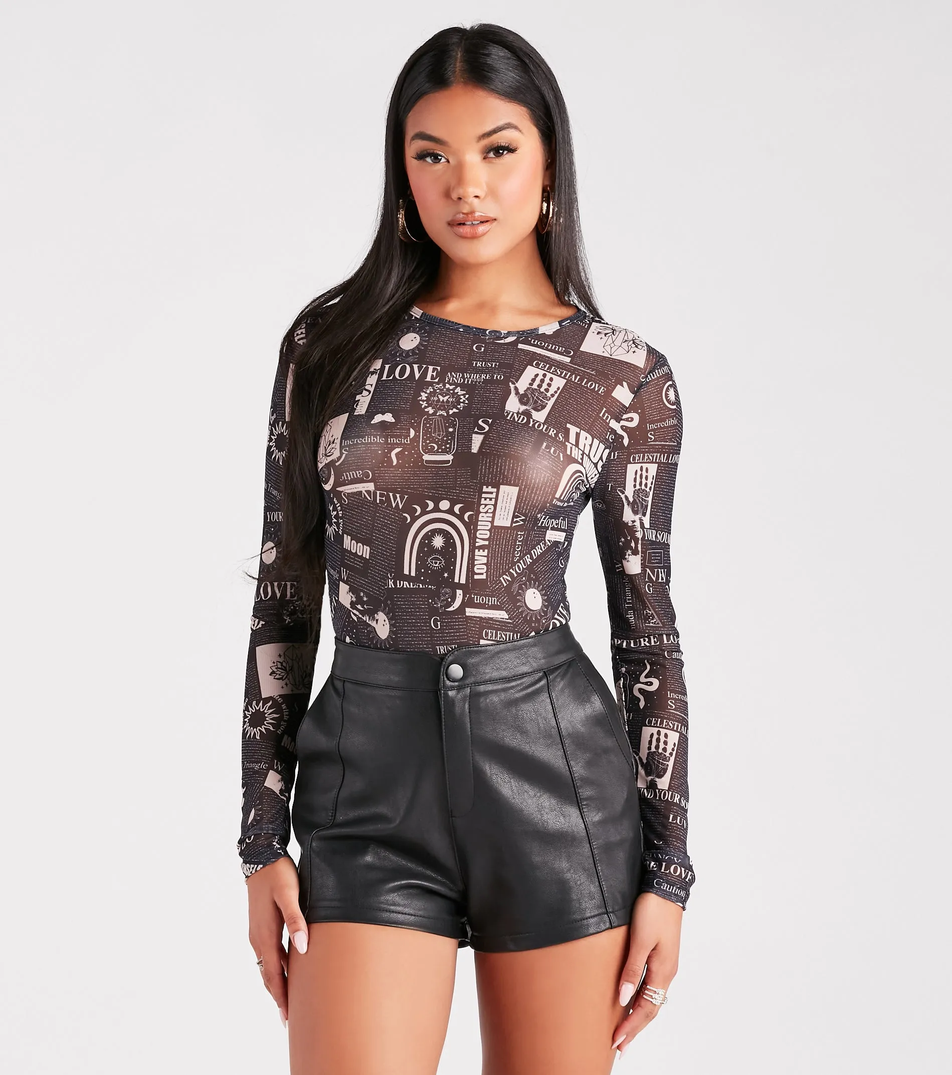Must Be Fate Mesh Celestial Newsprint Bodysuit sold by Windsor