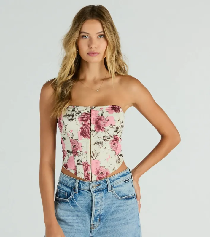 Time To Bloom Satin Floral Lace-Up Corset Top sold by Windsor