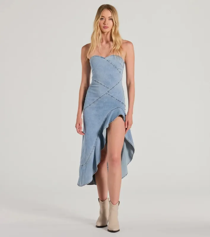 Admiring Style Strapless Ruffle High Low Denim Dress sold by Windsor