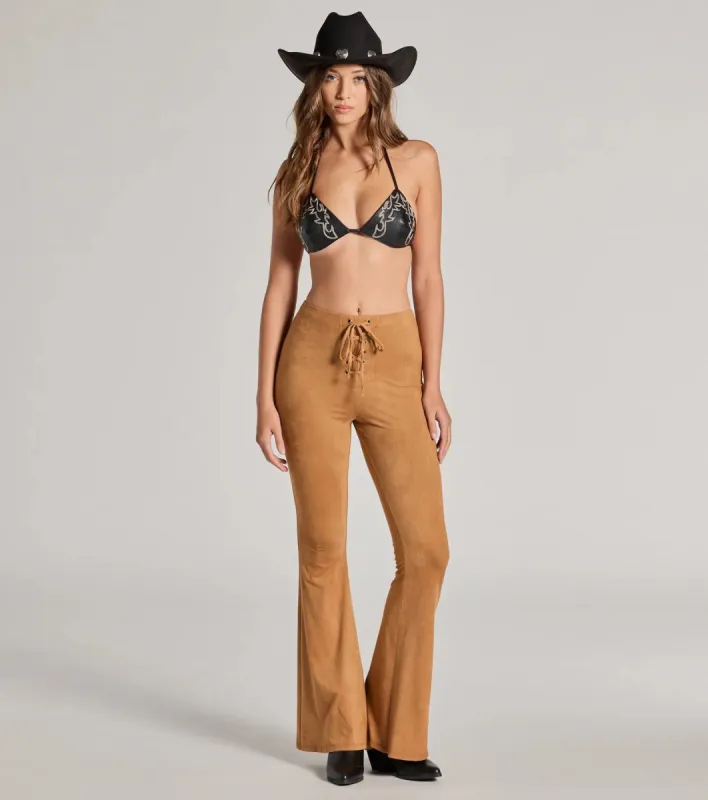Bohemian Babe Lace-Up Faux Suede Flare Pants sold by Windsor