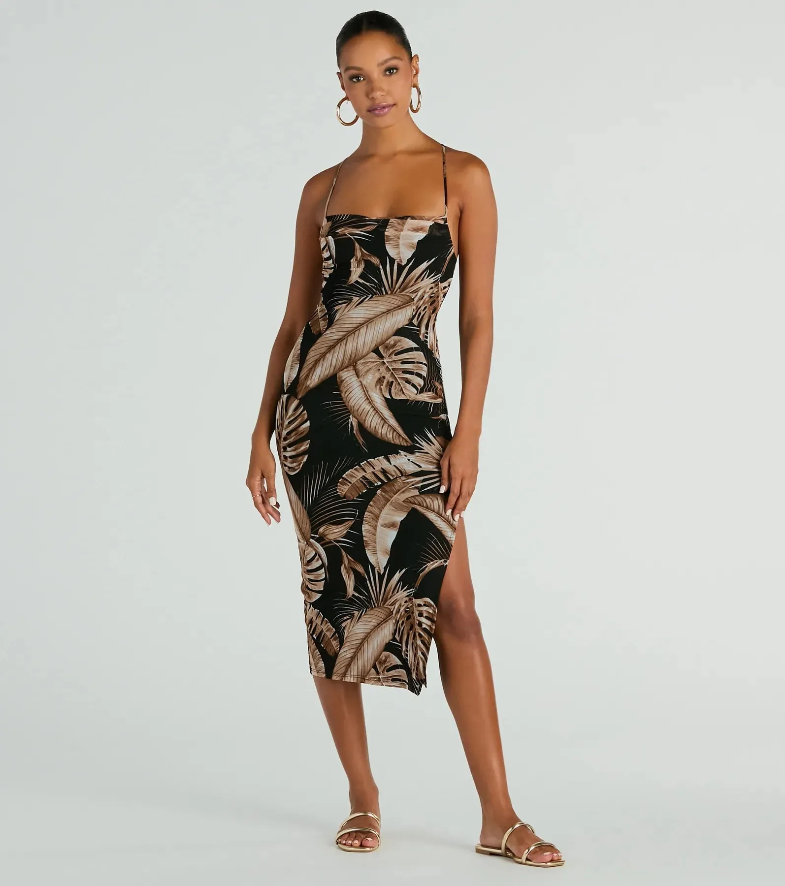 Alluring Vacay High Slit Tropical Mesh Midi Dress sold by Windsor