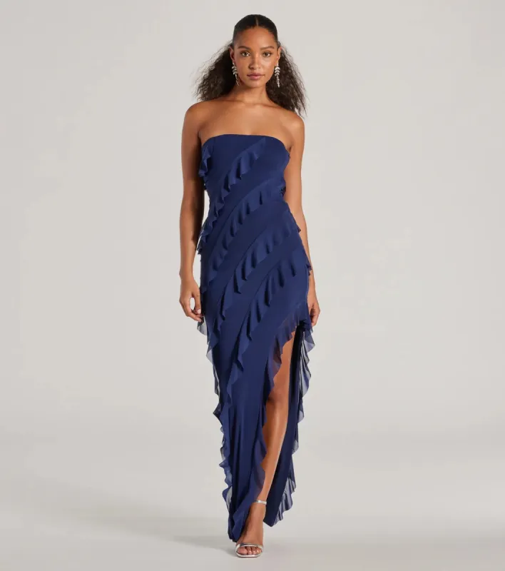 Gabby Formal Mesh Strapless Ruffle Long Dress sold by Windsor