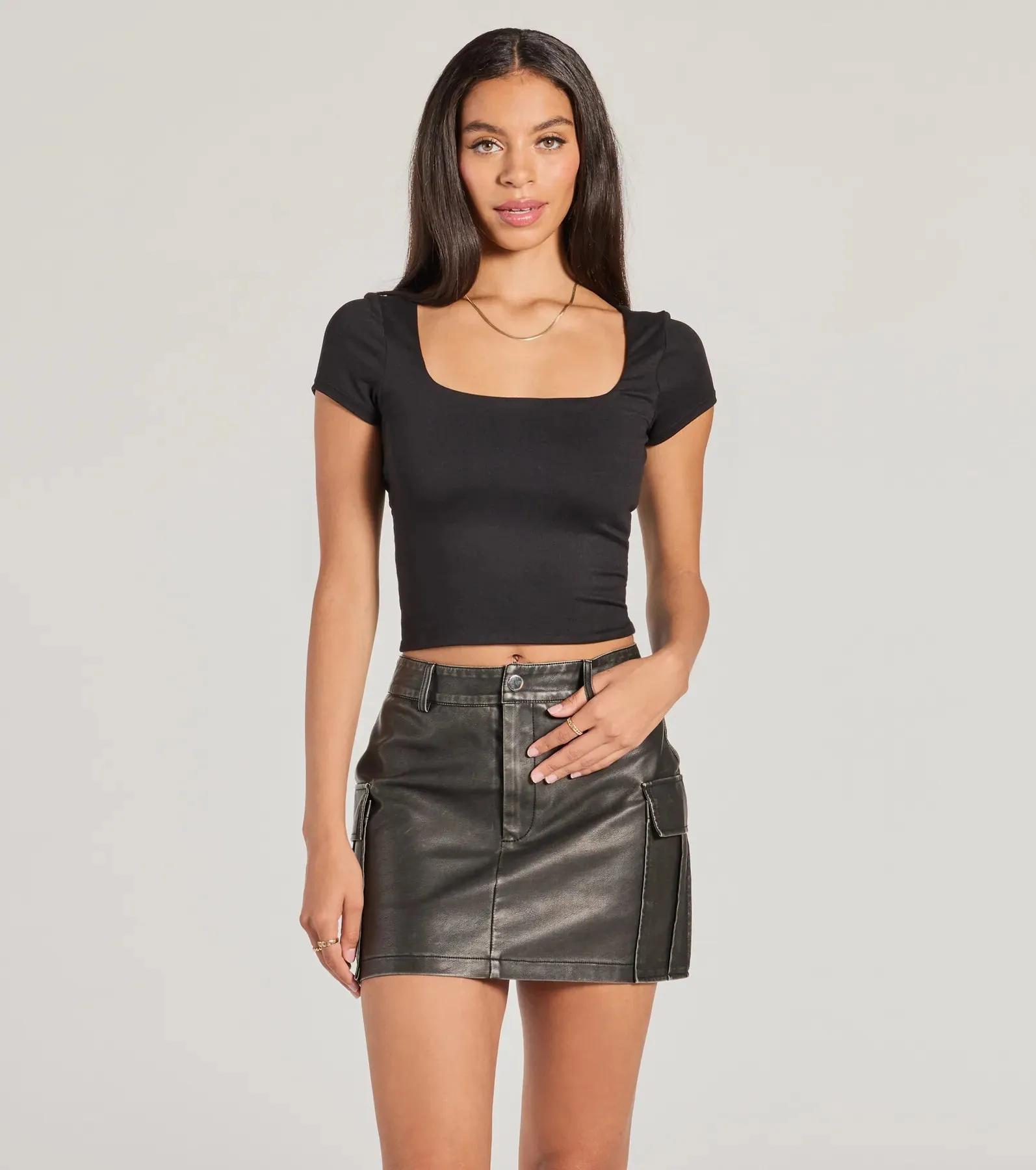 Edgy Cuteness High-Rise Cargo Faux Leather Mini Skort sold by Windsor product image thumbnail 4
