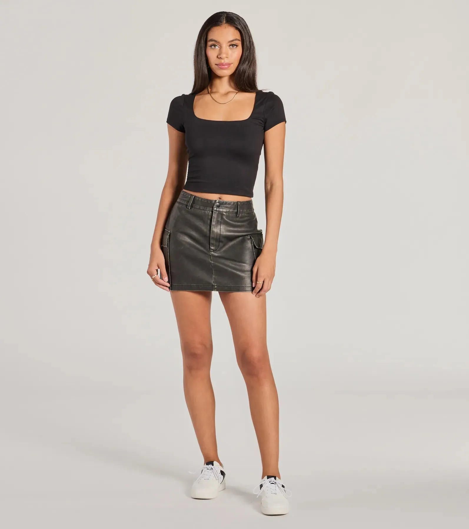 Edgy Cuteness High-Rise Cargo Faux Leather Mini Skort sold by Windsor