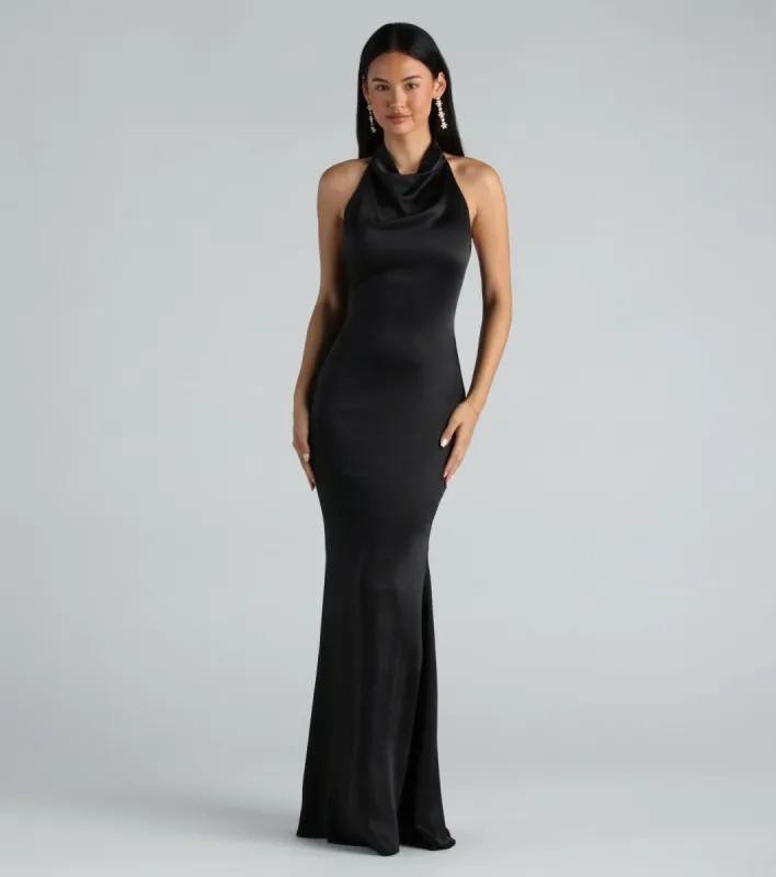 Amber Formal Satin Halter Open Back Long Dress sold by Windsor