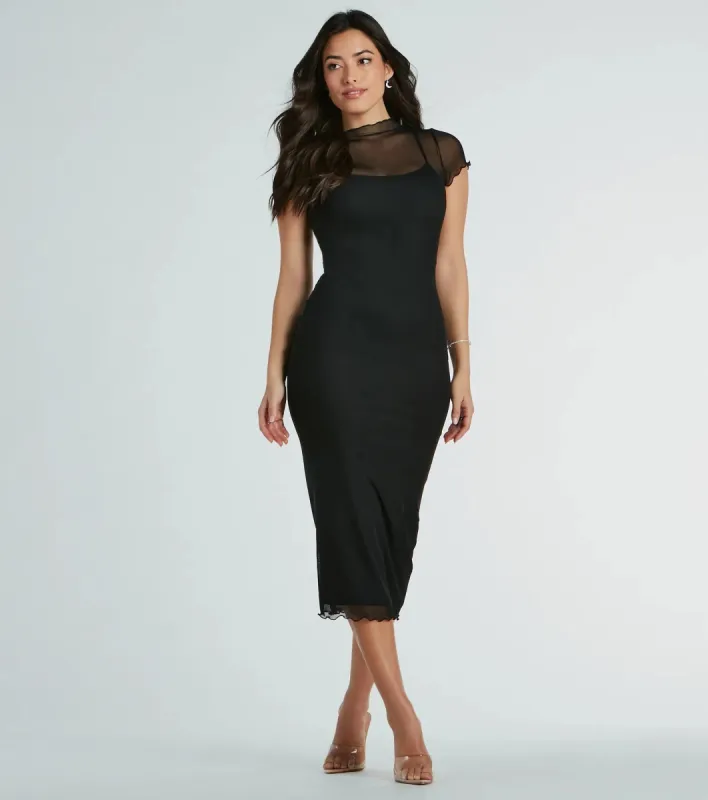 Sheer Exellence Mock Neck Bodycon Mesh Midi Dress sold by Windsor