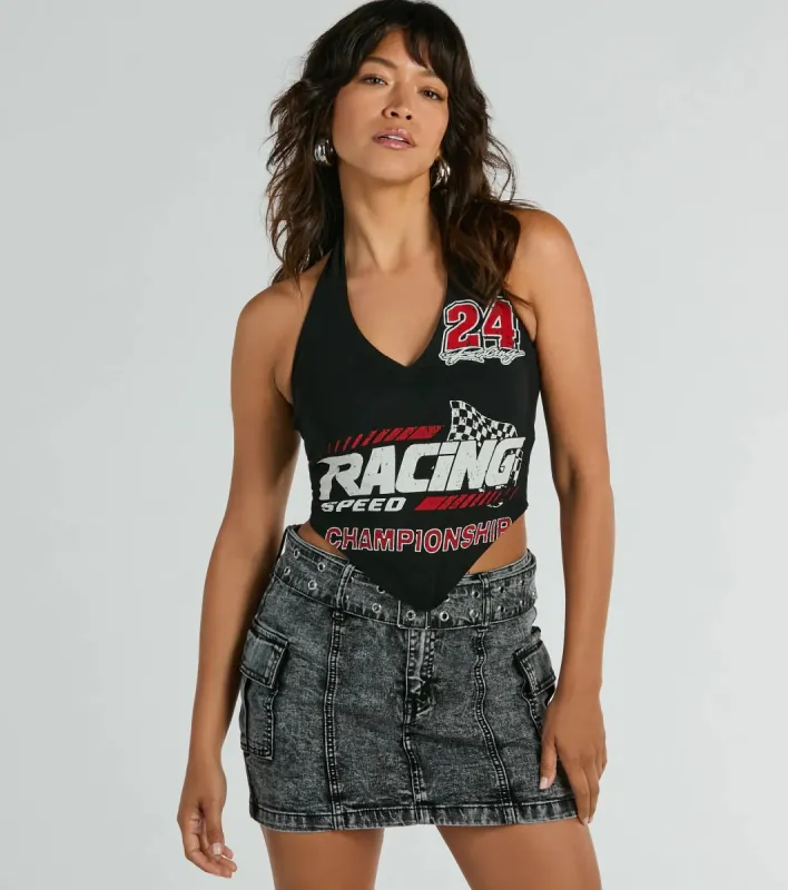Championship Racing Halter Graphic Crop Top sold by Windsor