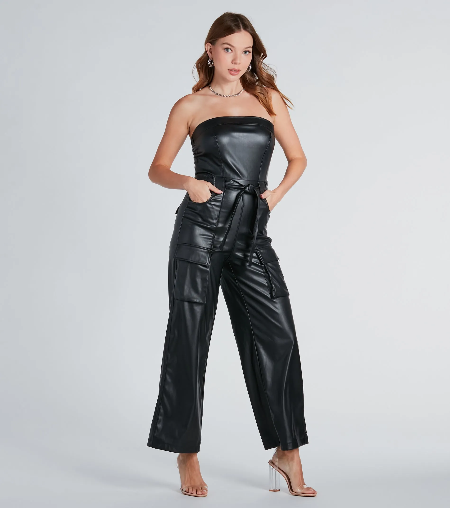 Serving Chic Style Faux Leather Belted Jumpsuit sold by Windsor product image thumbnail 3