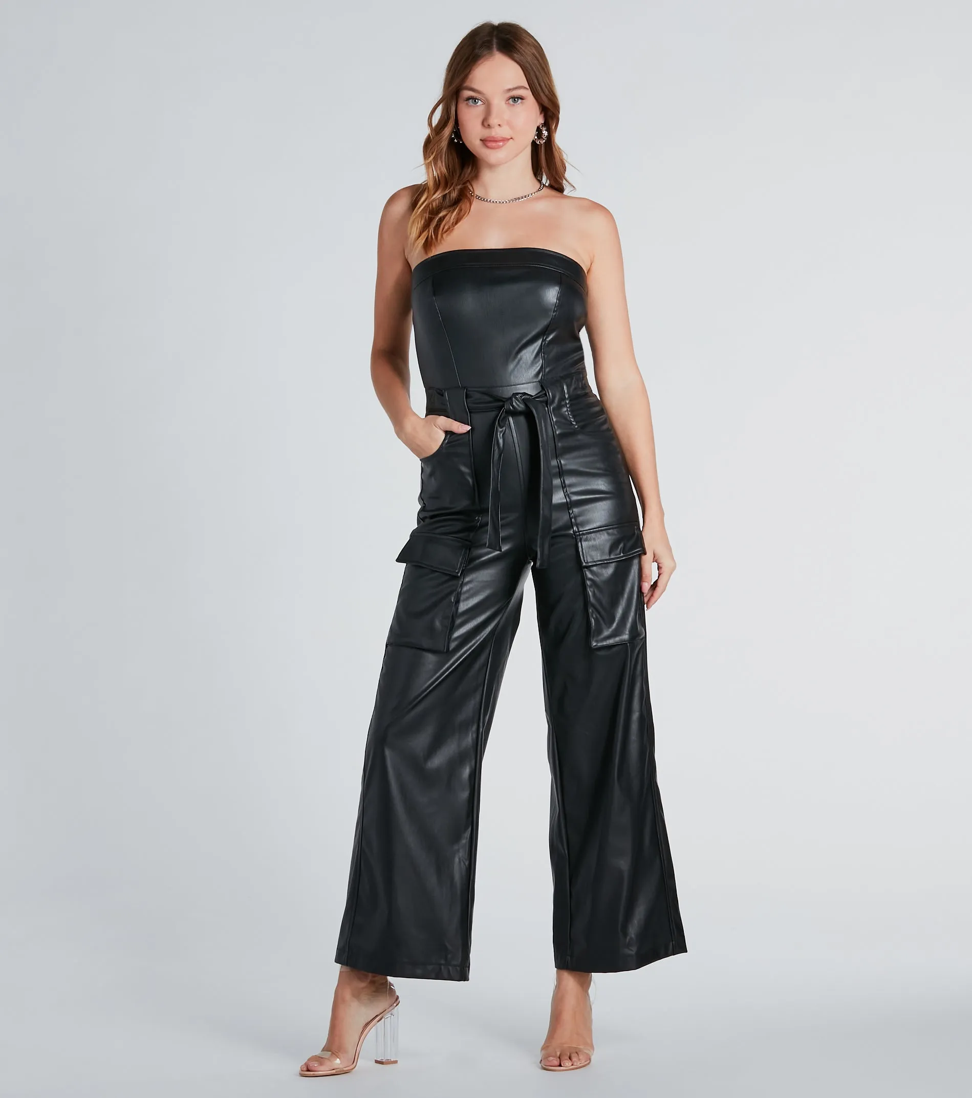 Serving Chic Style Faux Leather Belted Jumpsuit sold by Windsor