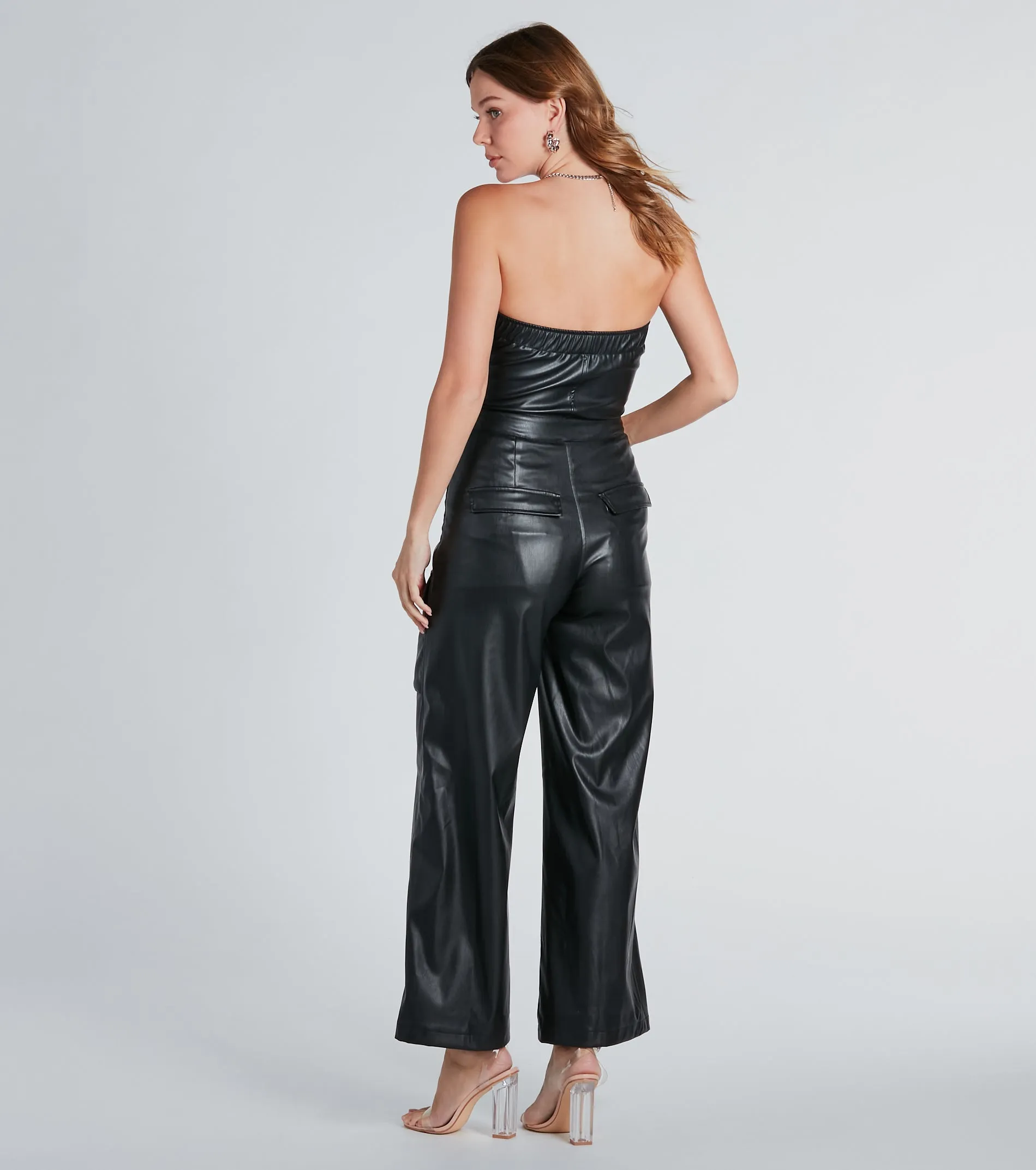 Serving Chic Style Faux Leather Belted Jumpsuit sold by Windsor product image thumbnail 2