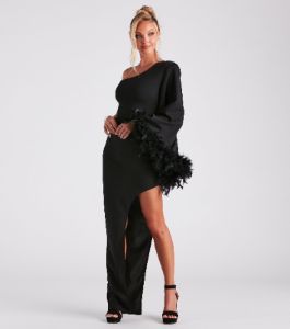 Vivian One-Shoulder Feather Trim Formal Dress sold by Windsor