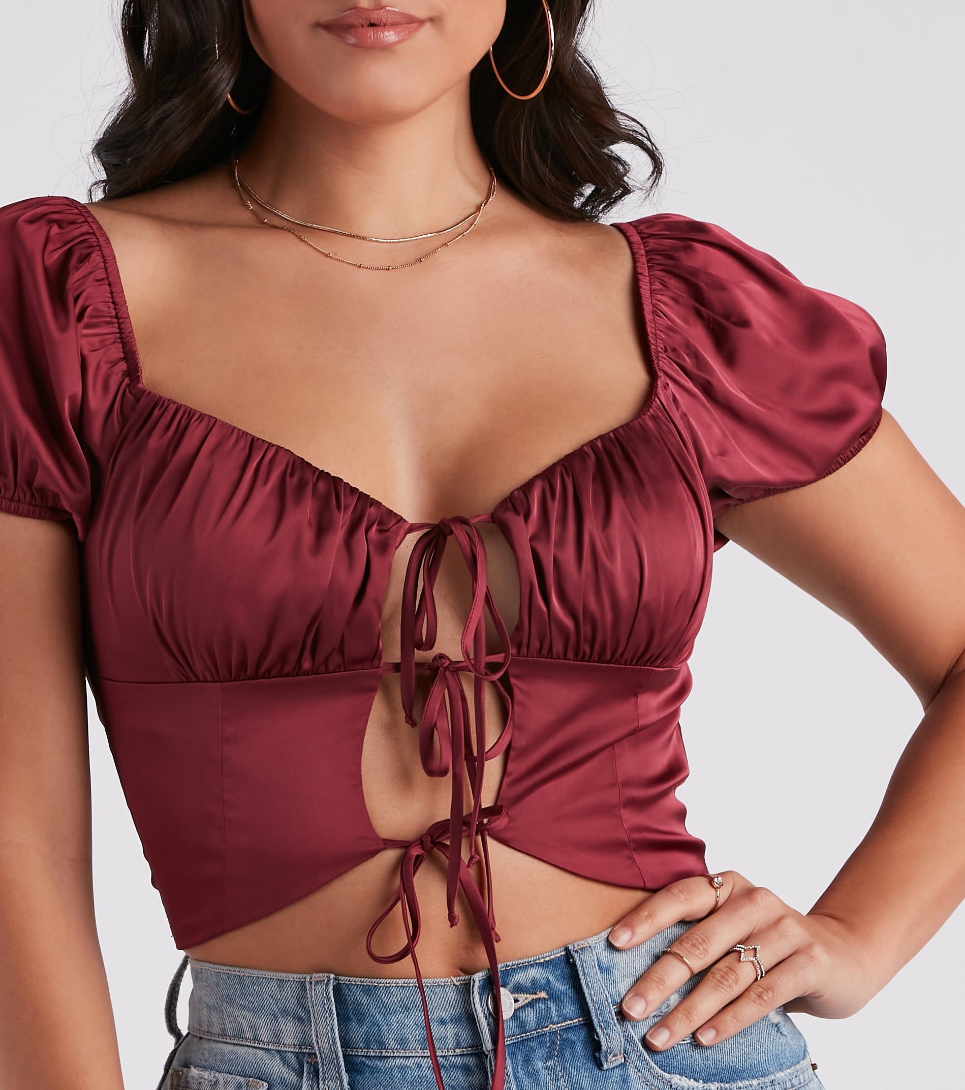 Cute Peek Satin Tie-Front Crop Top sold by Windsor product image thumbnail 4