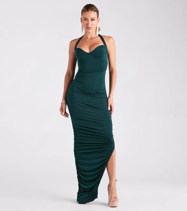 CLEARANCE - Britt Halter High Slit Ruched Formal Dress sold by Windsor