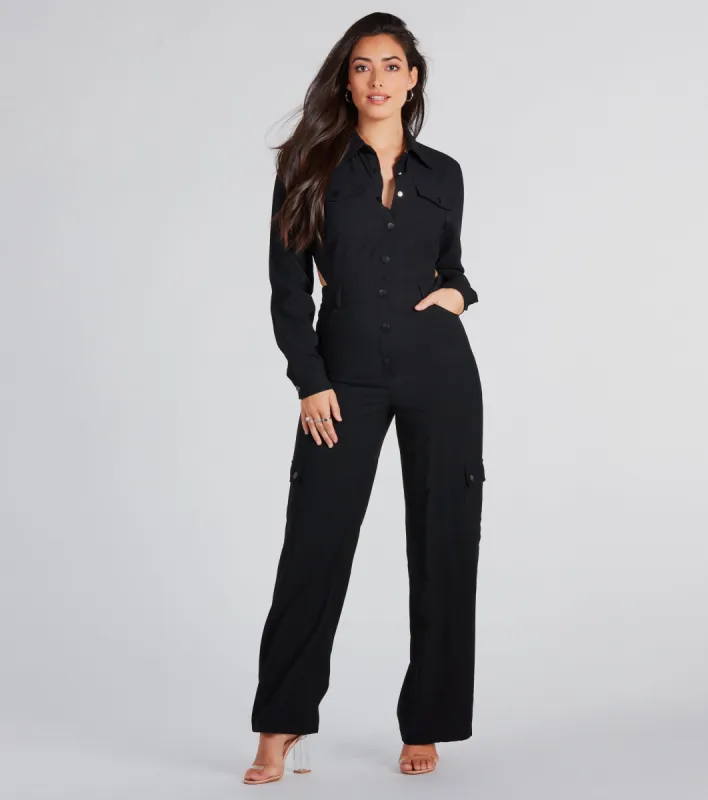 Open To Fun Long Sleeve Backless Jumpsuit sold by Windsor