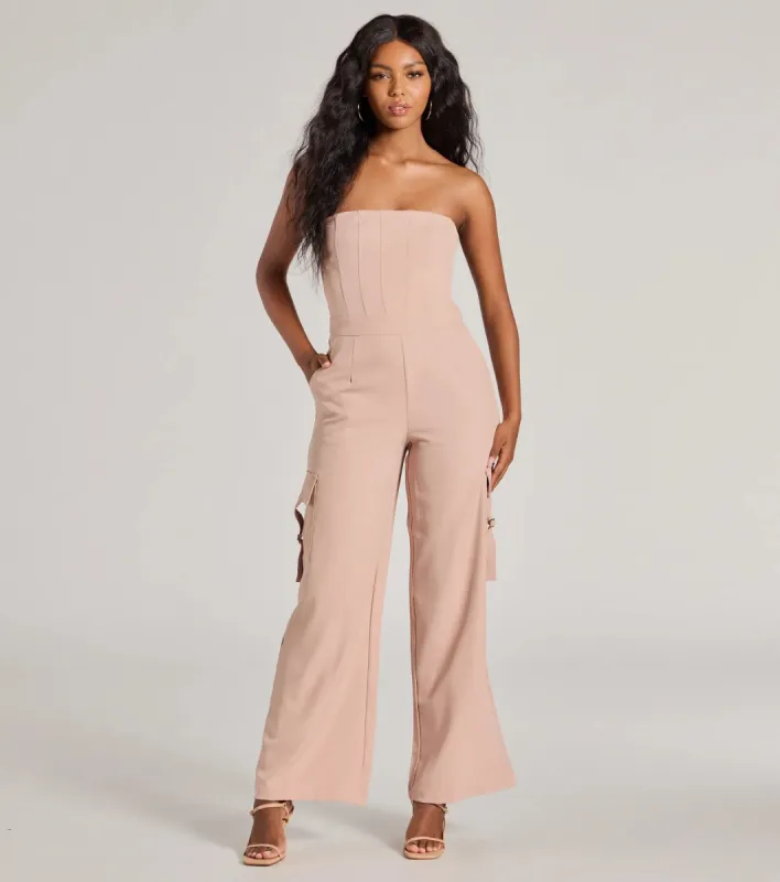 Casual And Chic Vibe Strapless Cargo Jumpsuit sold by Windsor
