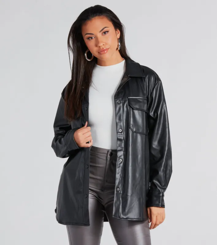 Cool-Girl Moment Long Faux Leather Shacket sold by Windsor