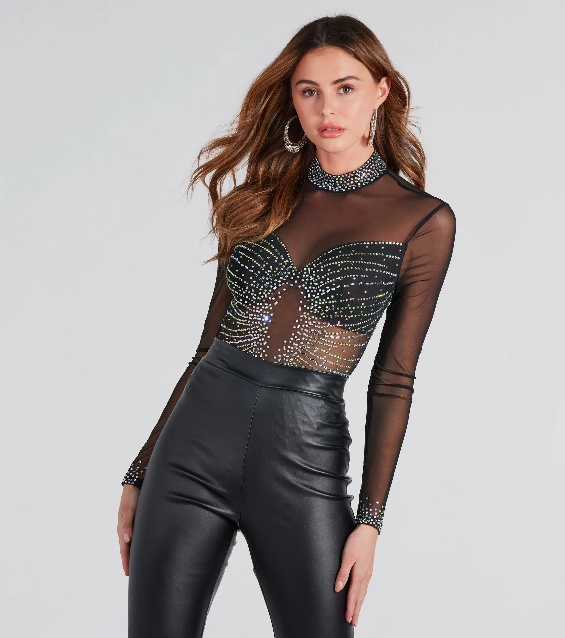 CLEARANCE - Rising Star Rhinestone Mock Neck Mesh Bodysuit sold by Windsor