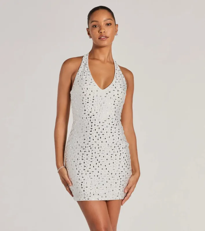 Forever Sparkling V-Neck Halter Rhinestone Mini Dress sold by Windsor