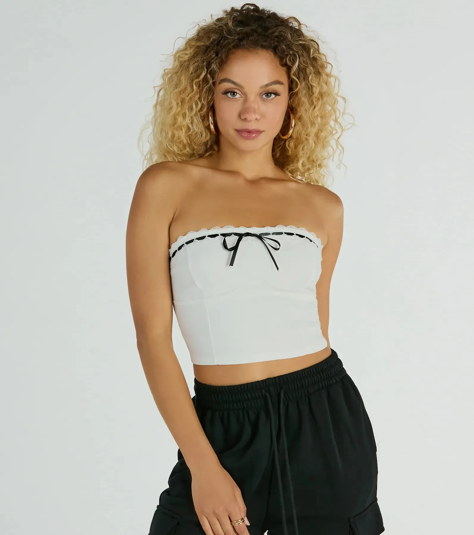 Falling For You Strapless Lace Ribbon Crop Top sold by Windsor