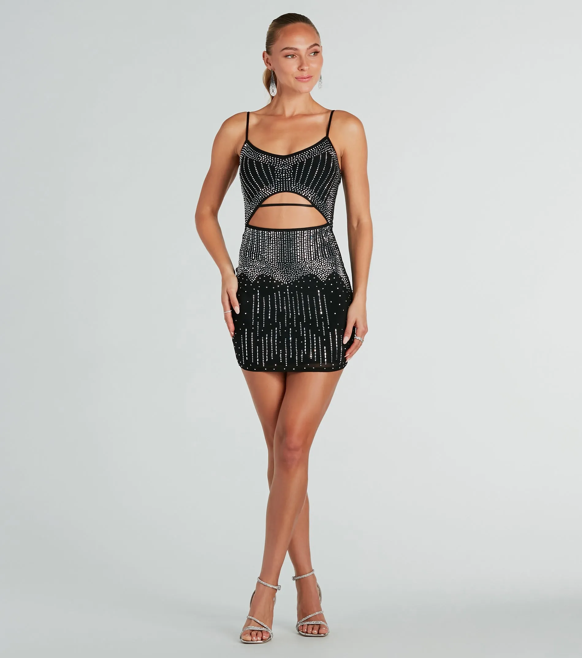 Glitzy Cutout Rhinestone Mesh Mini Party Dress sold by Windsor
