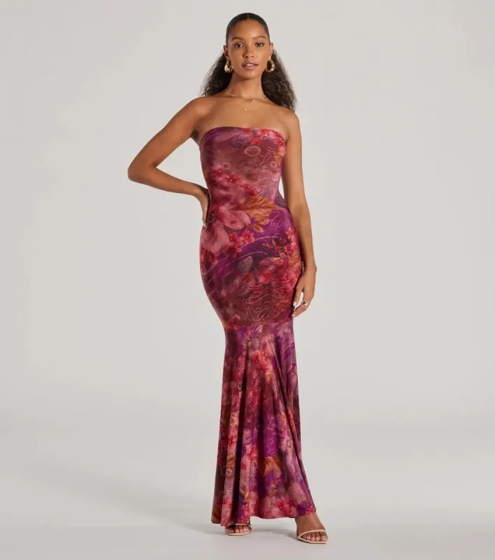Gorgeous Aura Strapless Floral Tie-Dye Maxi Dress sold by Windsor