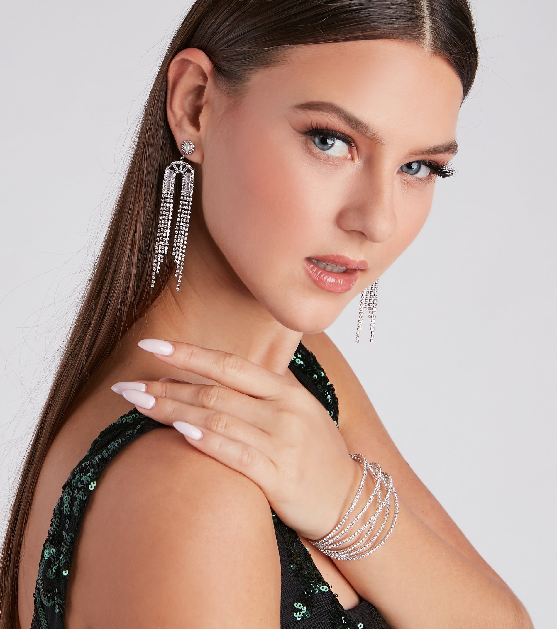 Glam Statement Rhinestone Fringe Earrings sold by Windsor