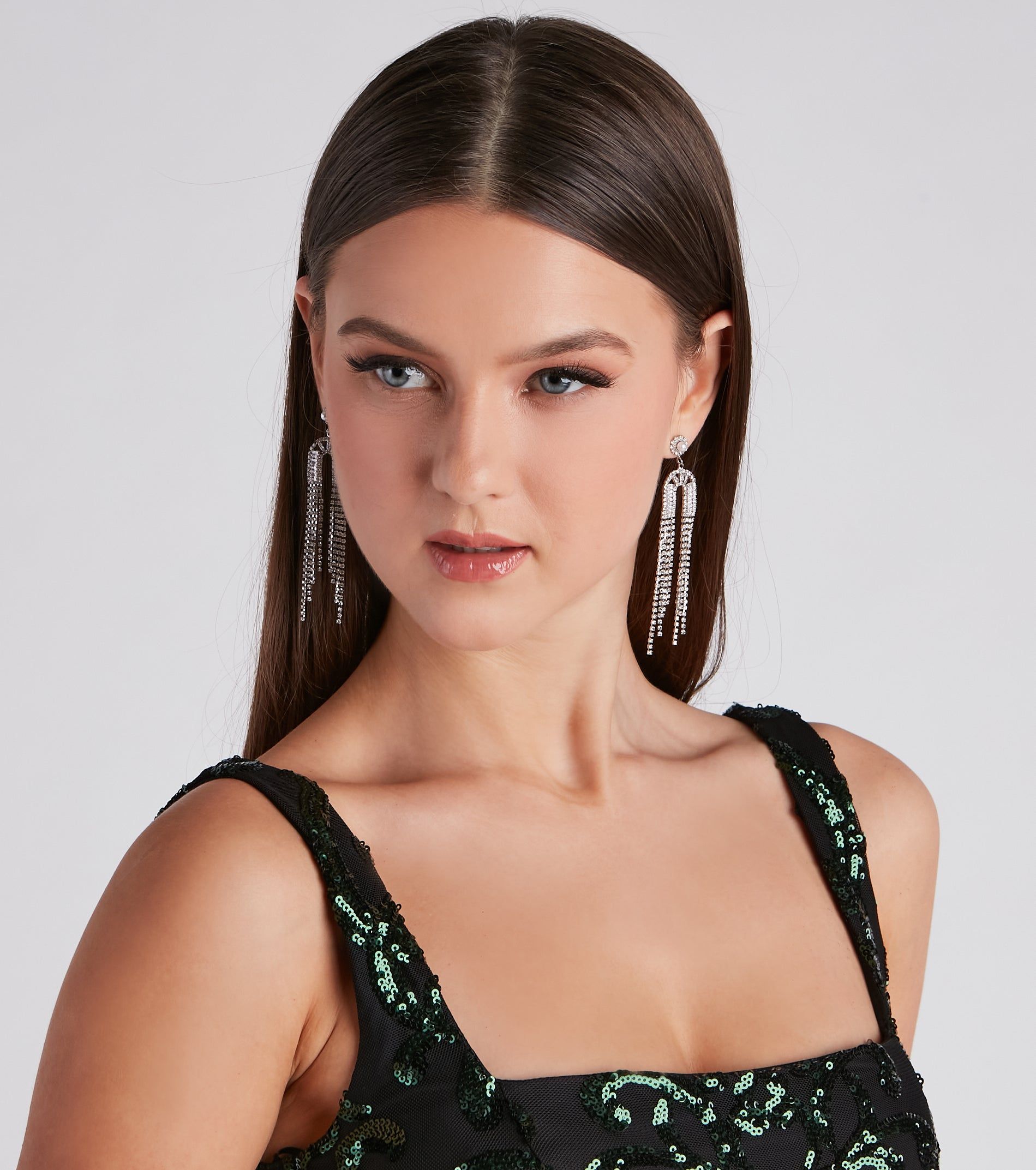 Glam Statement Rhinestone Fringe Earrings sold by Windsor product image thumbnail 2