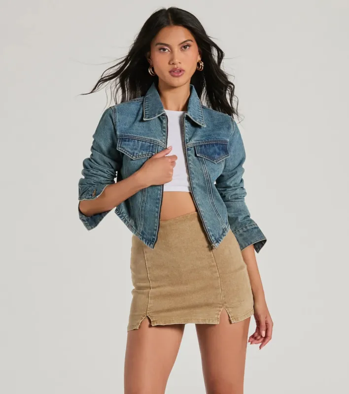 Cool Trendsetter Zip Up Collared Crop Denim Jacket sold by Windsor