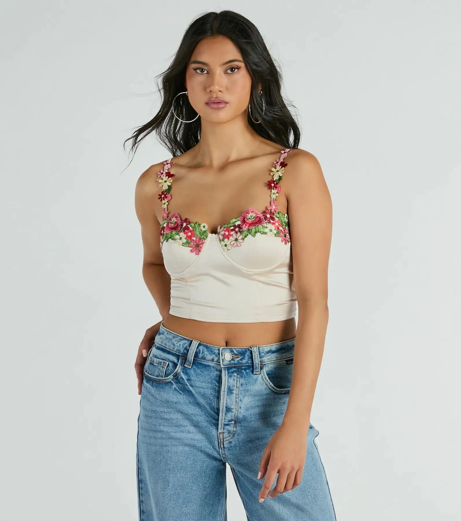 Flourish In Style Floral Applique Satin Crop Top sold by Windsor