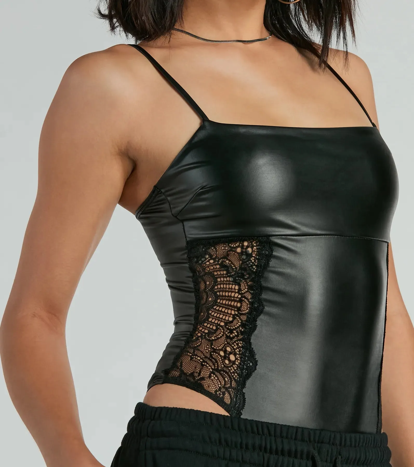 Daring Encounter Lace Faux Leather Bodysuit sold by Windsor product image thumbnail 4