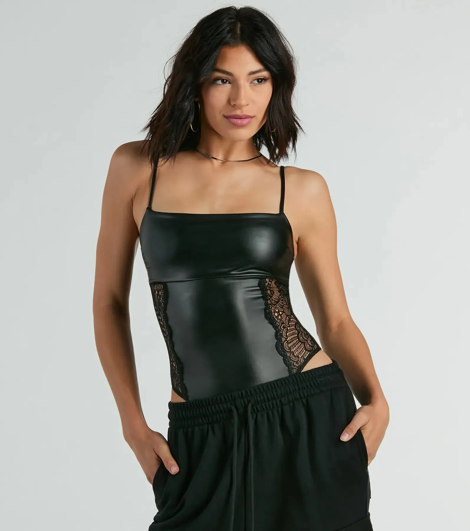Daring Encounter Lace Faux Leather Bodysuit sold by Windsor
