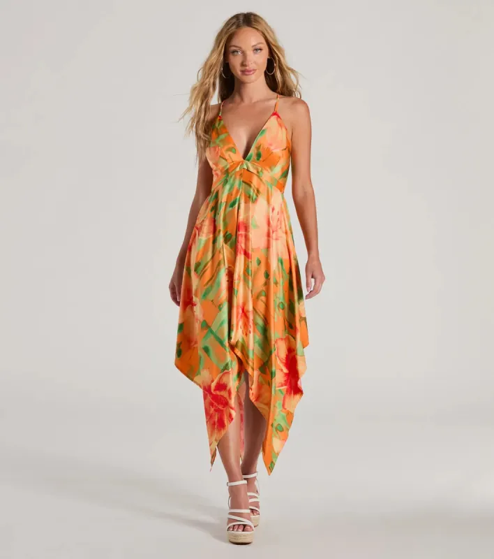 Paradise Bound Tropical Floral Satin Midi Dress sold by Windsor