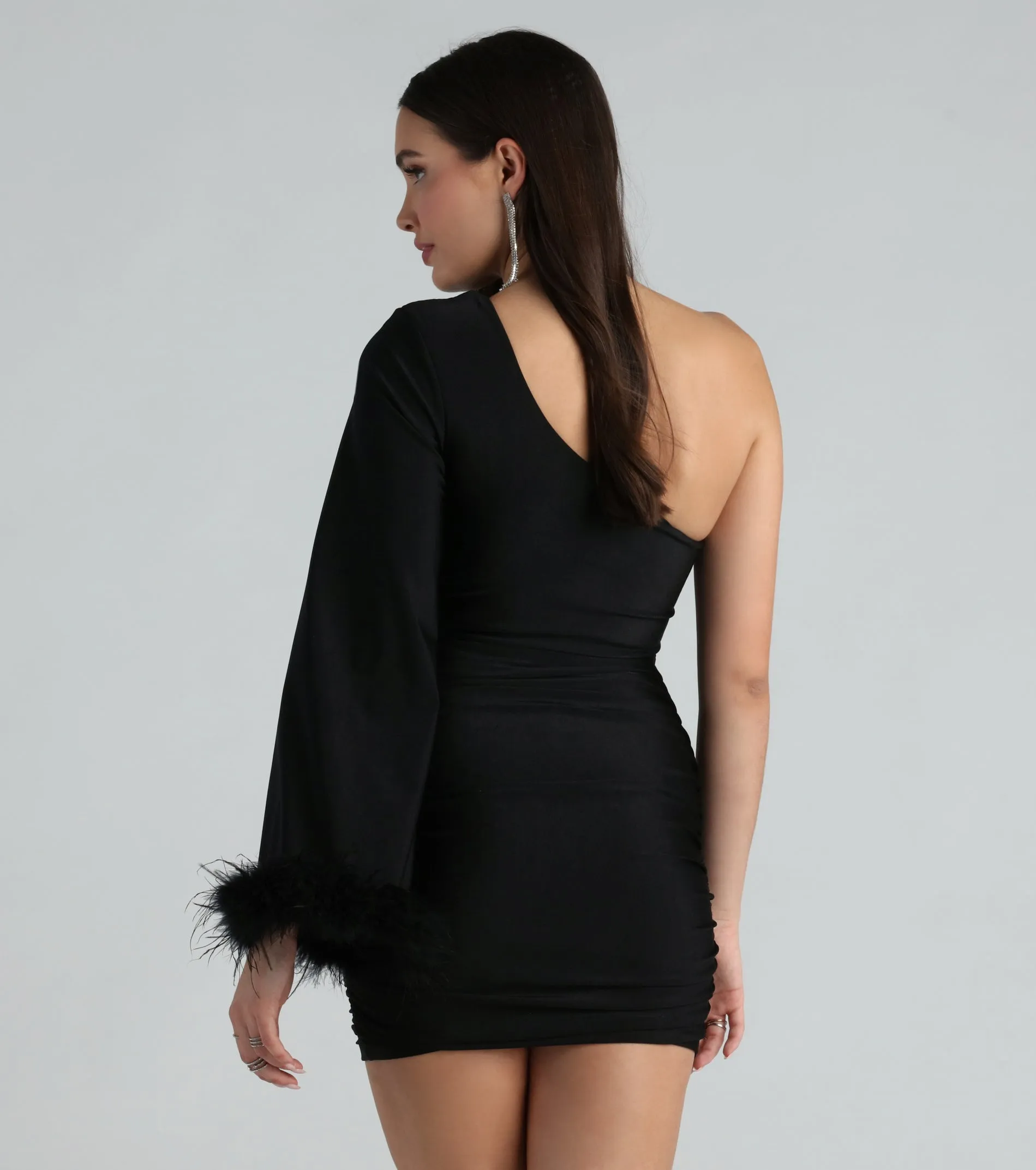 Brielle One-Shoulder Marabou Feather Trim Mini Dress sold by Windsor product image thumbnail 2