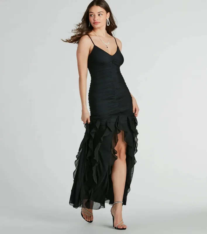 Keily Ruched And Ruffled Mesh Formal Dress sold by Windsor