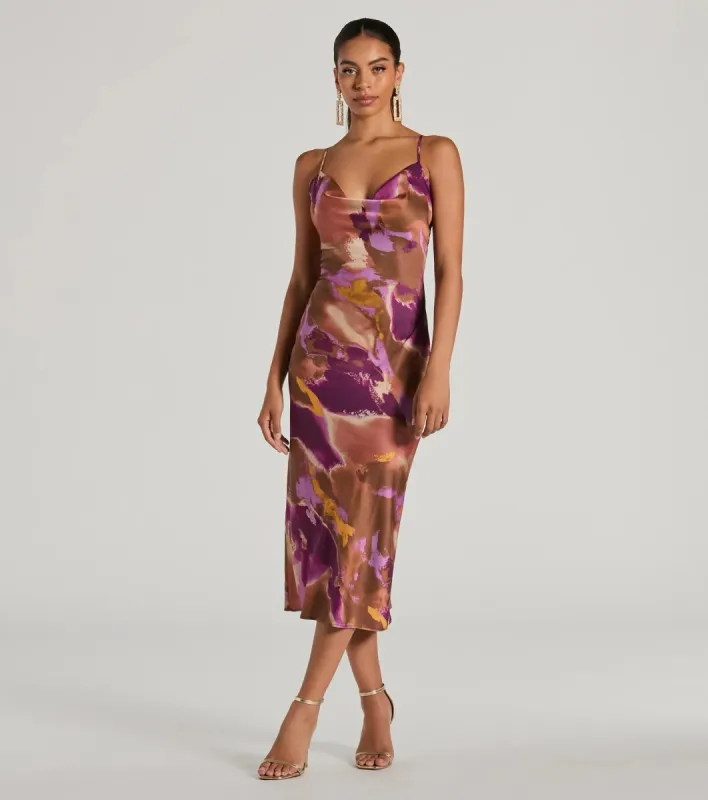 Always Impress Cowl Neck Tie-Dye Satin Midi Dress sold by Windsor