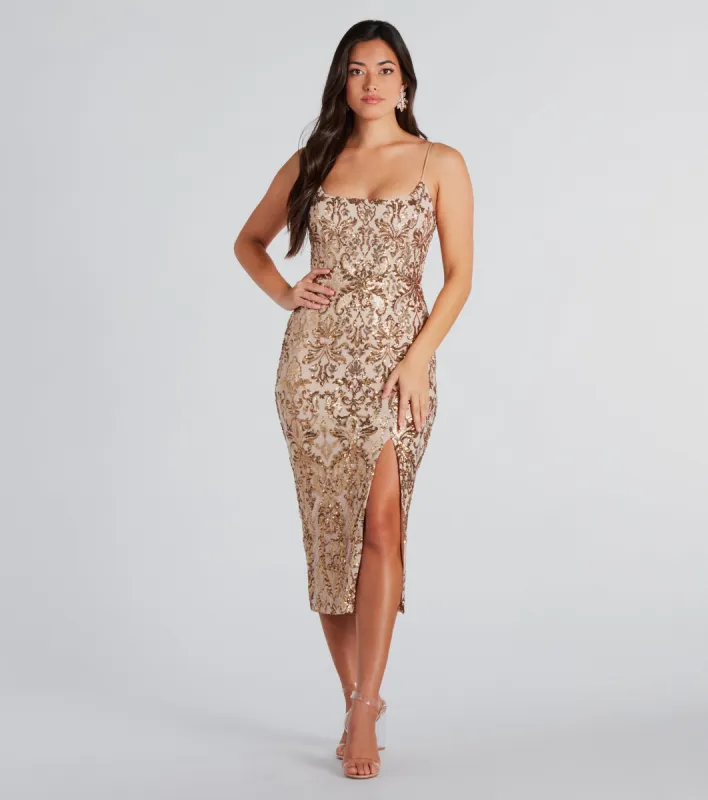 Karley Formal Sequin Low Back Midi Dress sold by Windsor