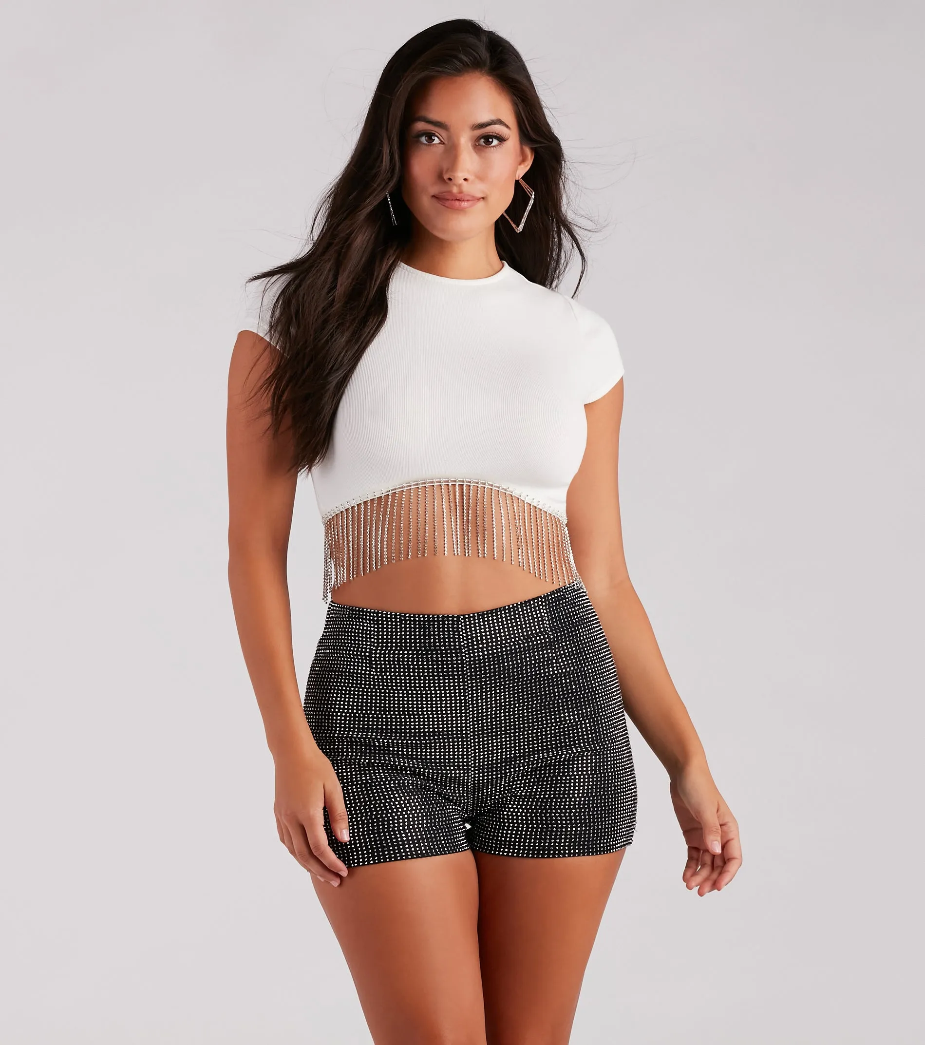 Flaunt Your Shine Rhinestone Fringe Crop Top sold by Windsor