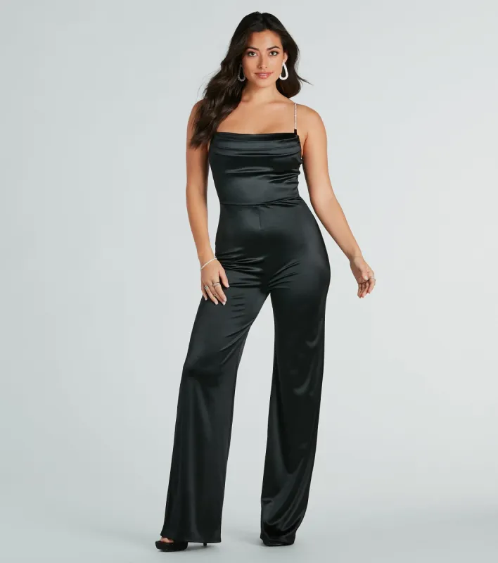 CLEARANCE - Make It Count Satin Rhinestone Strap Jumpsuit sold by Windsor