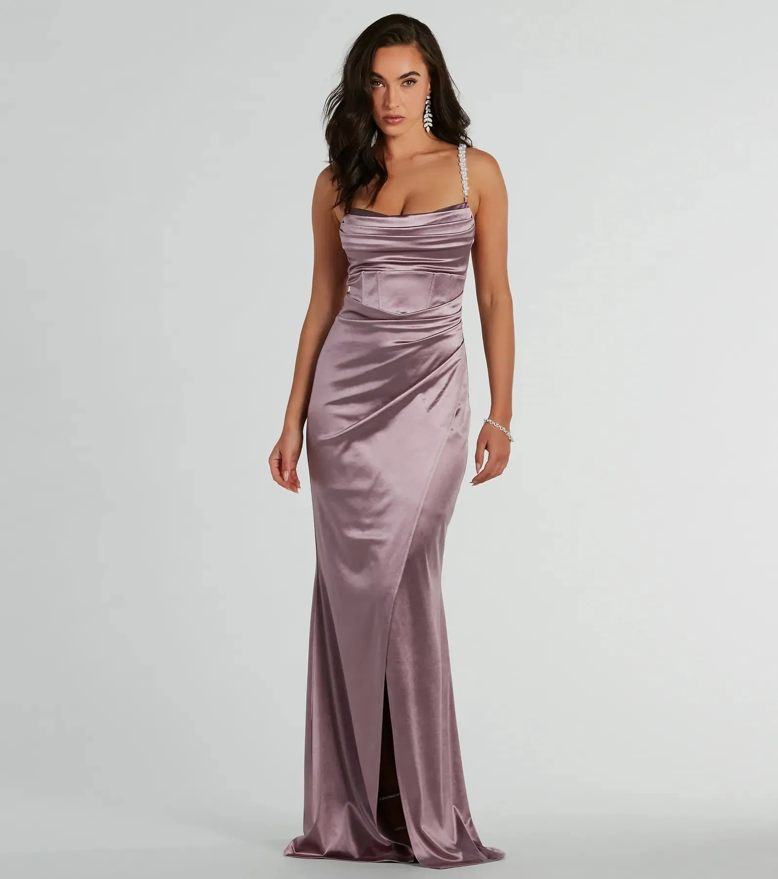 Sam Faux Pearl Strap Mermaid Satin Formal Dress sold by Windsor