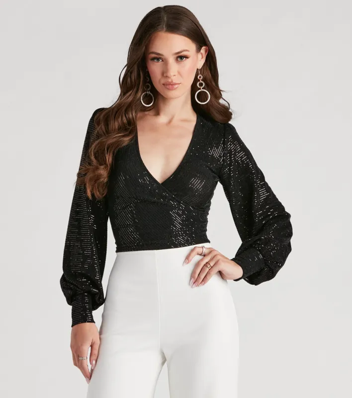Sparkling Beauty Sequin Wrap Top sold by Windsor
