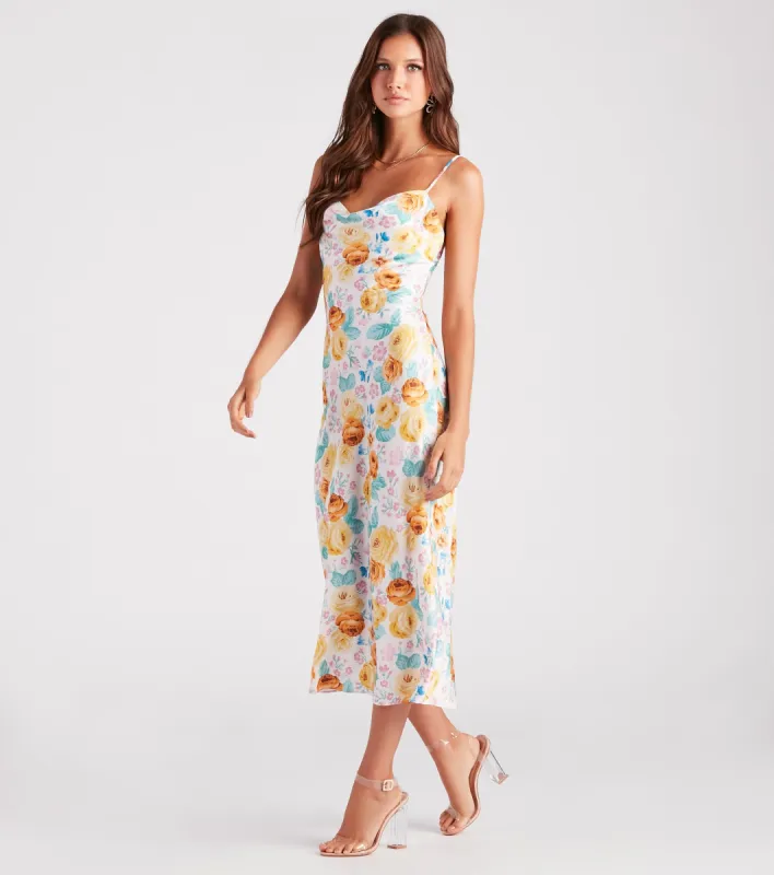 Major Admiration Satin Floral Midi Dress sold by Windsor