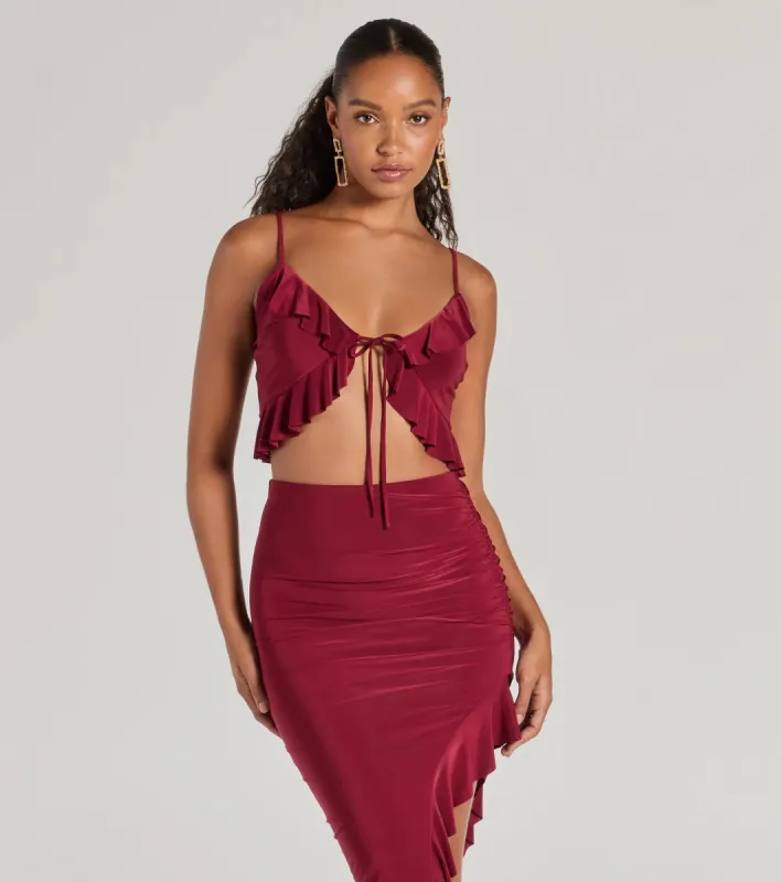 Flirty Moves Ruffled Tie-Front Knit Crop Top sold by Windsor