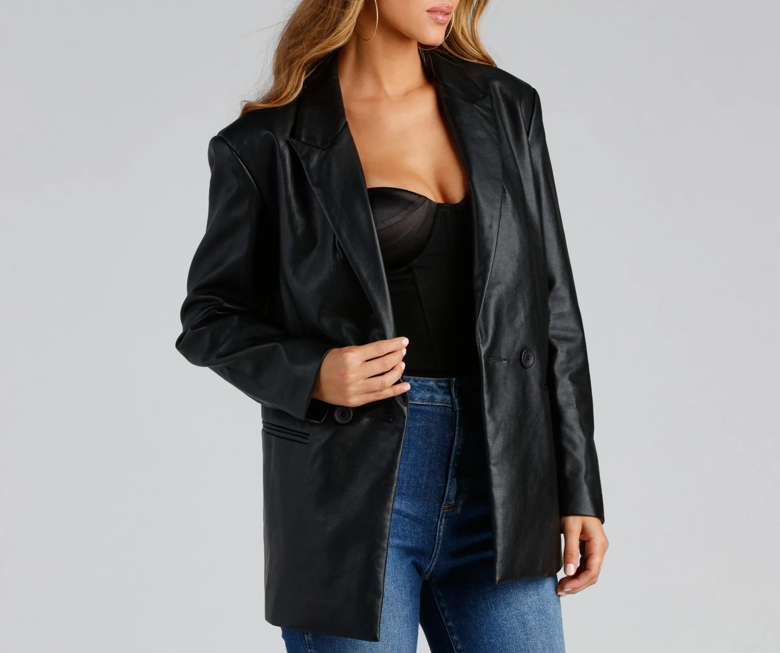 Trendy Oversized Faux Leather Blazer sold by Windsor product image thumbnail 4