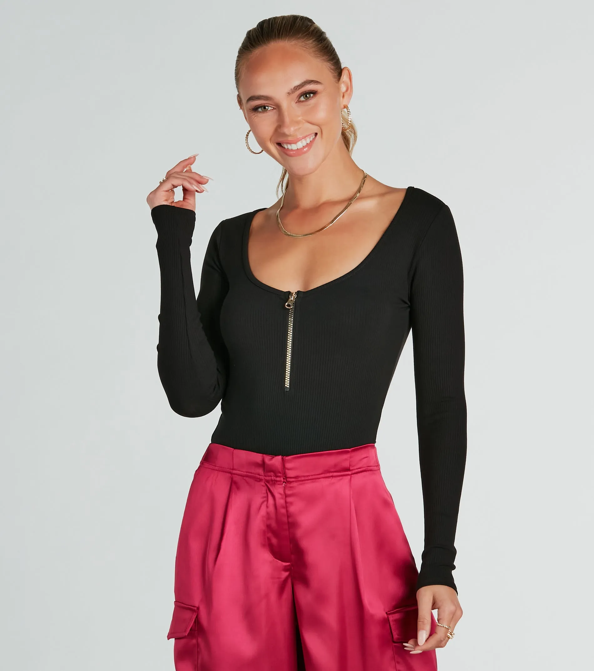 Chic Deets Zip-Front Long Sleeve Knit Bodysuit sold by Windsor
