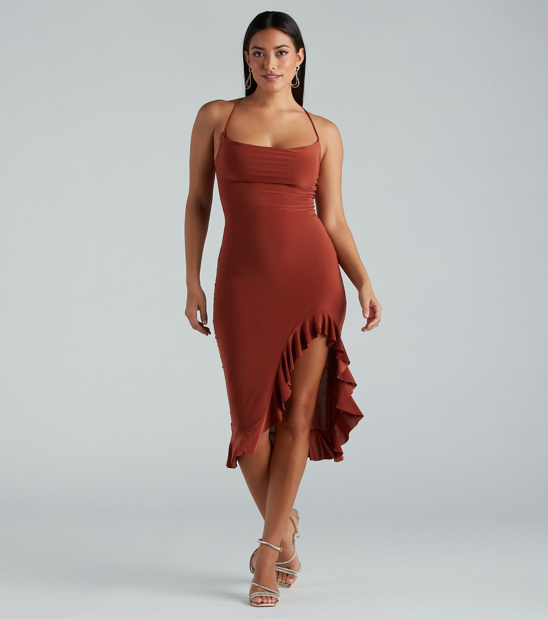 CLEARANCE - Perfect Moment Cowl Neck Ruffle Midi Dress sold by Windsor