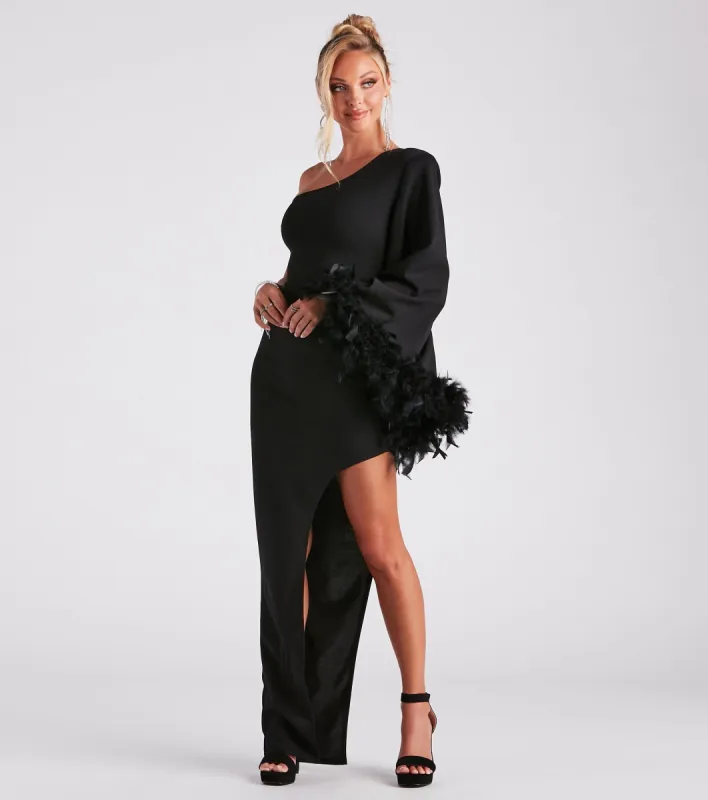 Vivian One-Shoulder Feather Trim Formal Dress sold by Windsor