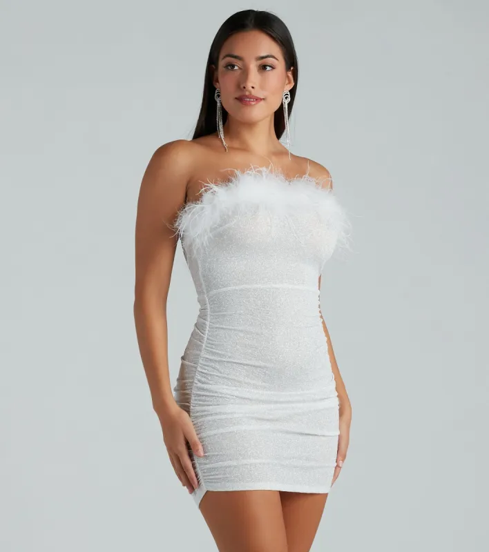 Radiant Glow Feather Trim Glitter Mini Dress sold by Windsor